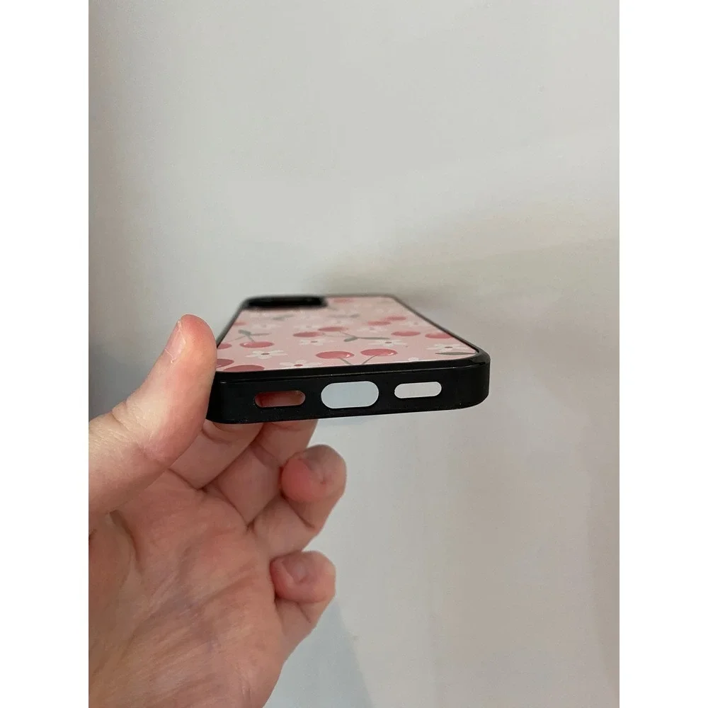 Phone Case iPhone 13 Mini Pink Cherry Floral Print Black Bumper Protective Cover